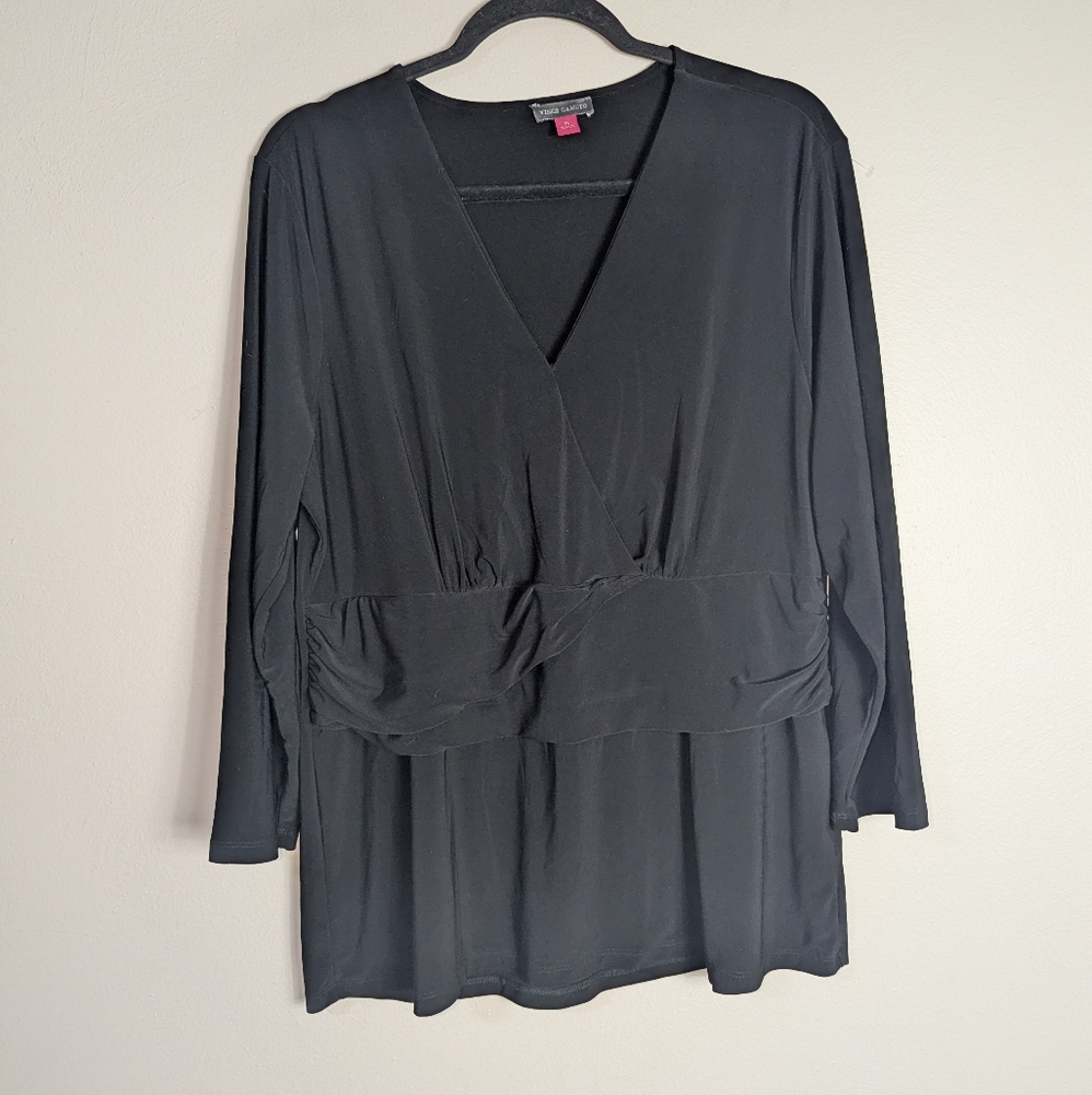 3X Vince Camuto Black Draped V-Neck Top